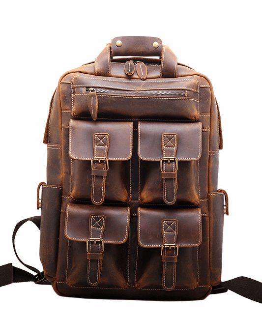 Vintage Leather Laptop Backpack with Multiple Compartments woyaza
