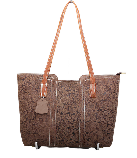 Vintage Leather Tote Bag Embossed Pattern woyaza