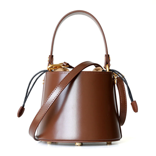 Genuine Leather Mini Circular Bucket Bag Crossbody Handbag Tote Shoulder Bag woyaza