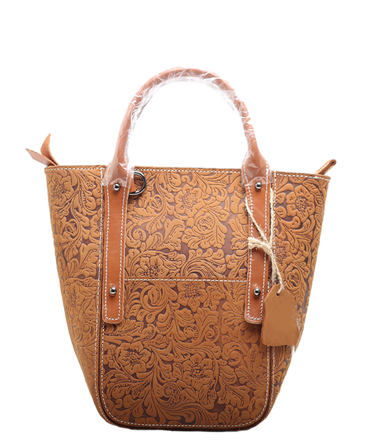 Genuine Leather Vintage Tote Bag Embossed Pattern woyaza
