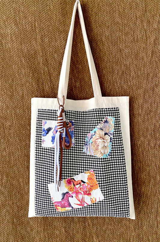 cotton tote bag with handmade patchwork design detail