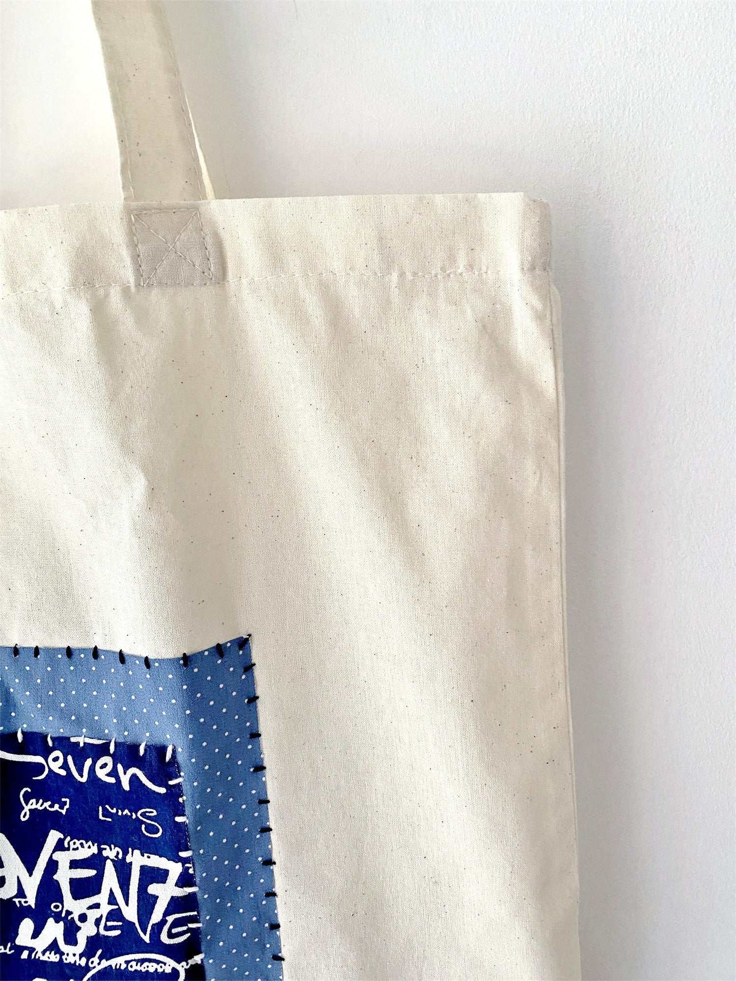Lightweight cotton tote with stitched patchwork detail, suitable for groceries, books, and unplanned city walks