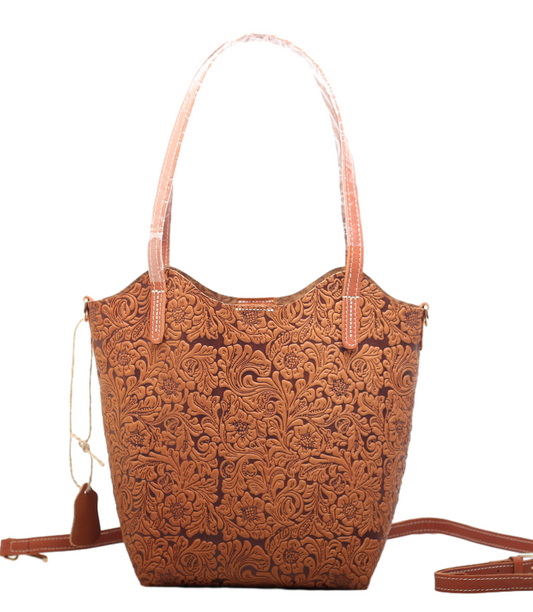Vintage Leather Tote Bag with Embossed Surface Patterns woyaza
