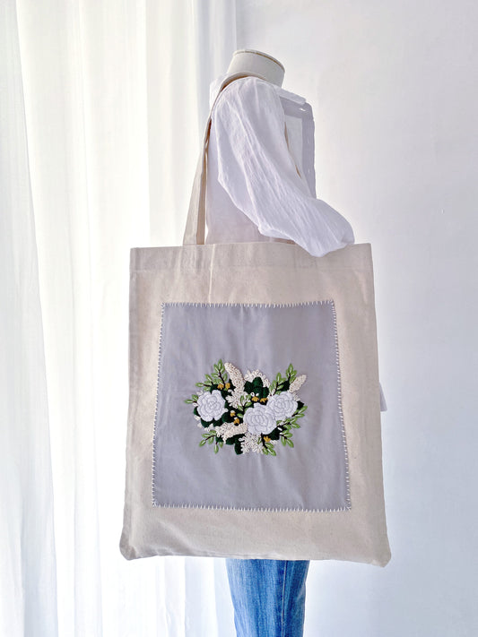 A thoughtful gift for those who appreciate nature and sustainable living, this hand-embroidered floral tote bag is a charming, eco-friendly accessory.