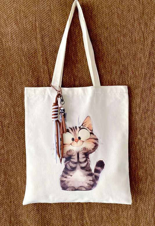 relaxed style canvas shoulder bag with artistic kitty illustration