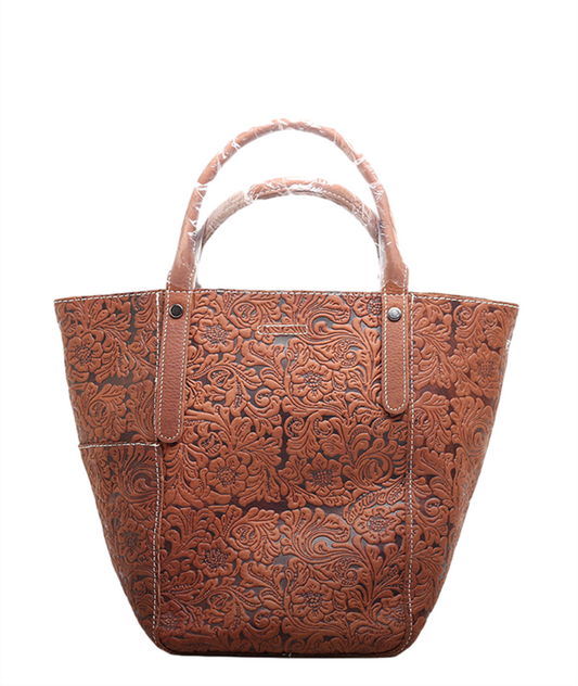 Genuine Leather Vintage Tote Bag with Embossed Pattern woyaza