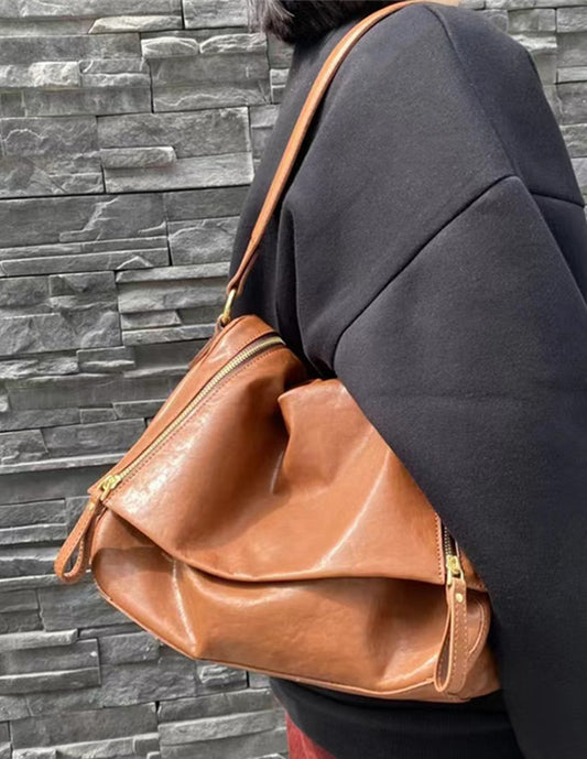 Fashion-forward Ladies' Soft Leather Tote Bag with Unique Zipper Feature