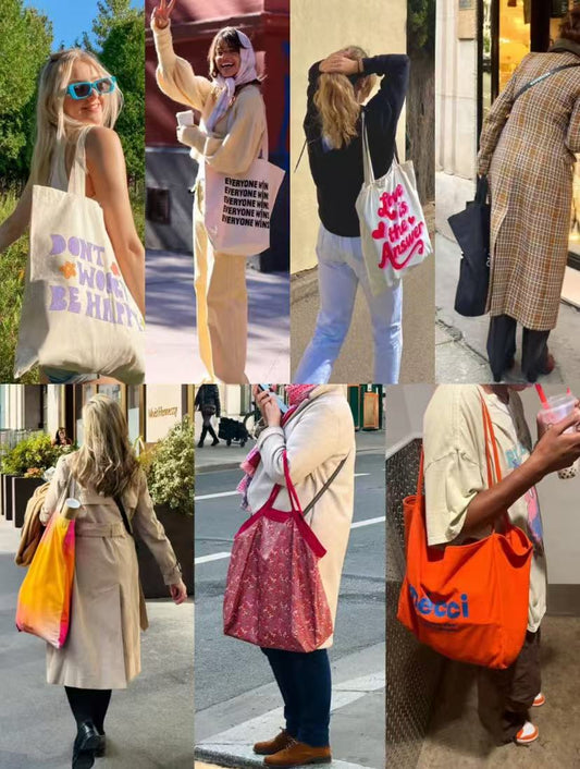 Patchwork tote bag showcasing sustainable design for everyday shopping.