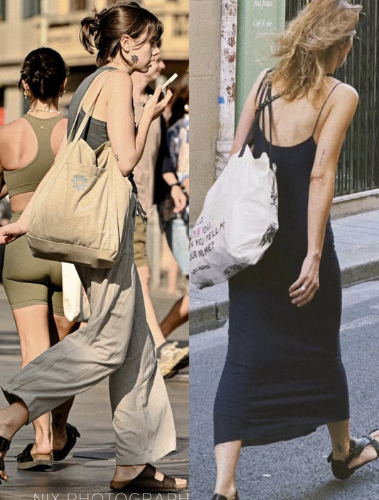 Simple canvas bag with a small handmade design styled with casual clothing 