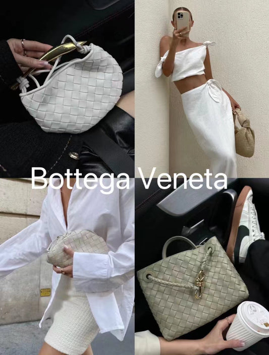 Woven leather handbag illustrating Bottega Veneta's signature Intrecciato design technique