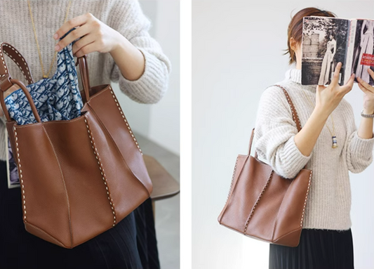 Casual soft leather shoulder bag with weekend jeans and sweater