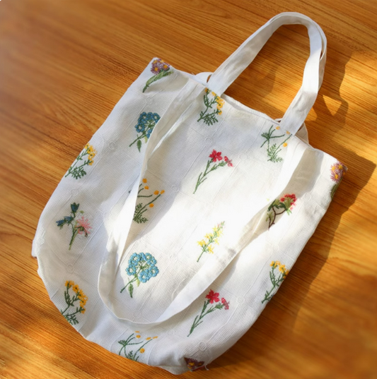 Close-up of embroidered details on a cotton fabric bag made from natural materials