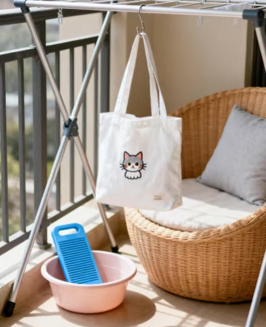 canvas tote bag with ink and oil stains and cleaning tools for home use