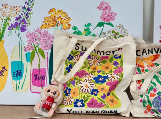 Eco-friendly patchwork canvas tote, symbolizing the beauty of imperfection in everyday life.