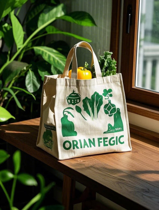 A person carrying a cotton tote bag with eco printing during a daily city commute.