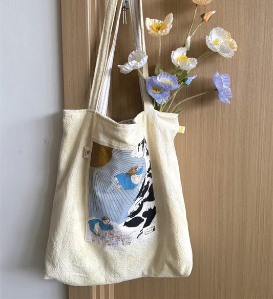 Cotton tote bag featuring subtle embroidery and patchwork for minimalist lifestyles