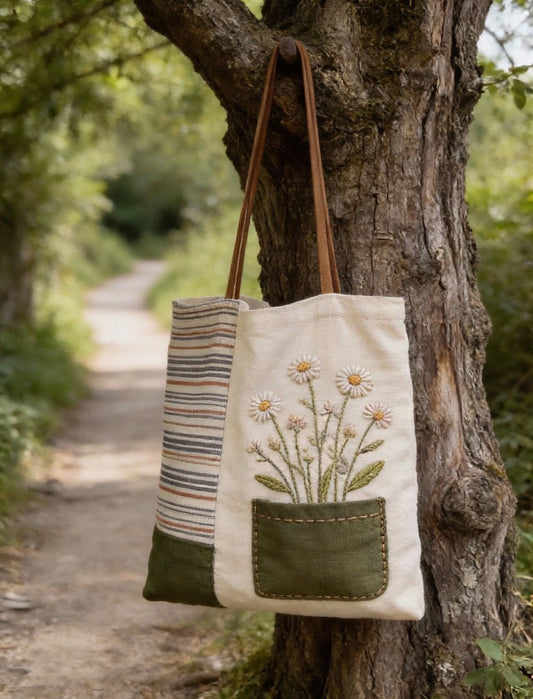 sustainable fabric tote bag with hand painted design using eco friendly ink