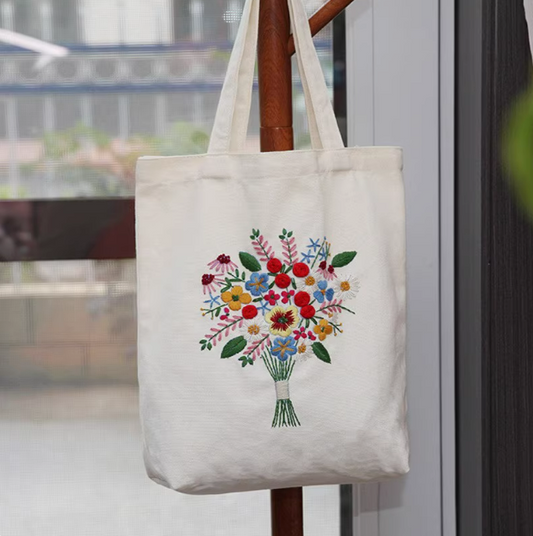 Heavy-duty canvas tote bag with patchwork and embroidery carrying groceries and books
