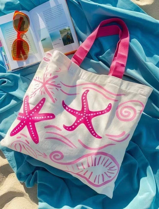 Embroidered fabric tote bag carried casually in an everyday street style setting