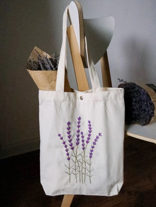 durable canvas tote bag with patchwork and hand printed details