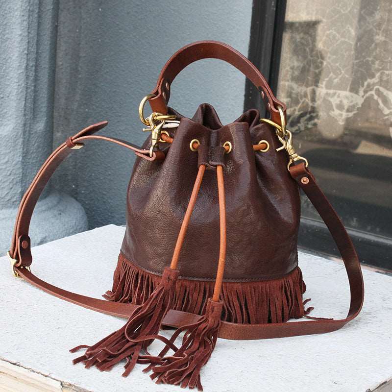 Genuine Leather Shoulder Bag with Drawstring Closure Woyaza