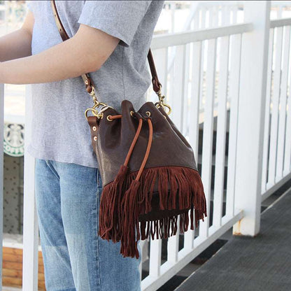 Genuine Leather Handbag with Drawstring Closure Woyaza