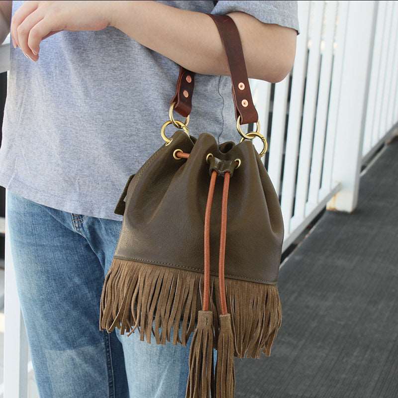 Handmade Vintage Leather Tote Bag with Drawstring Closure Woyaza