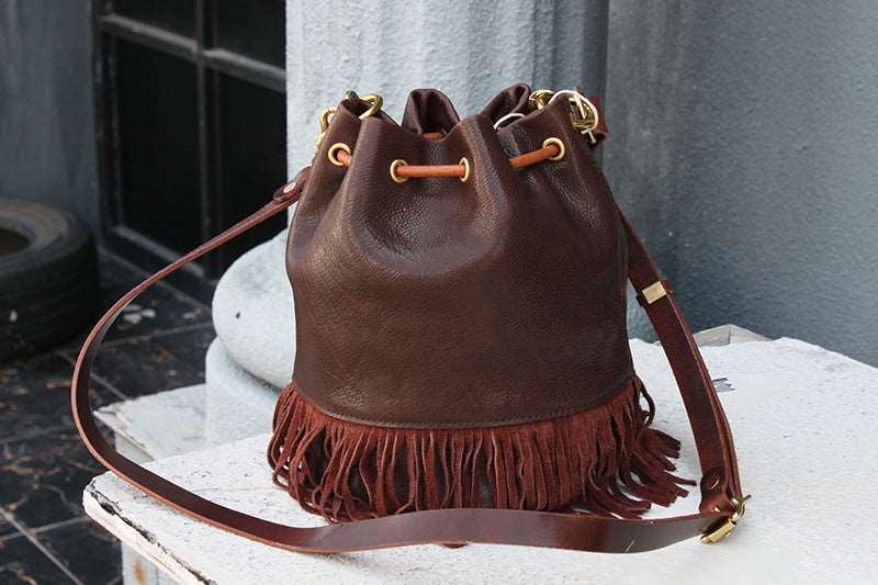 Handmade Leather Bucket Bag with Tassel Accent Woyaza