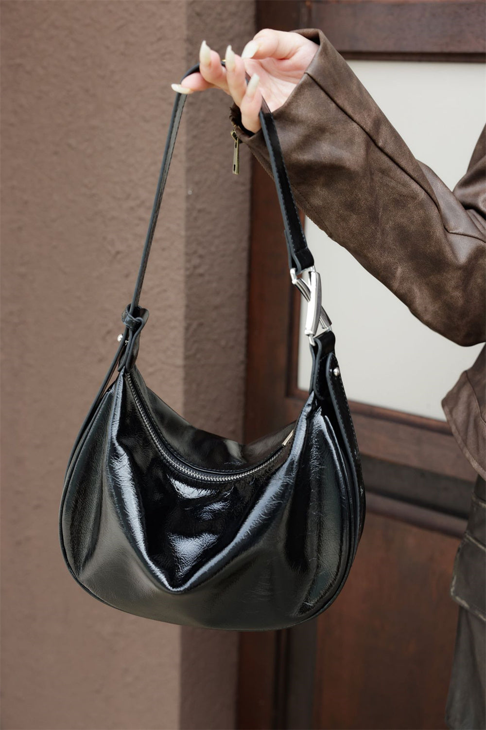 Soft Leather Semi-Circular Shoulder Bag for Women