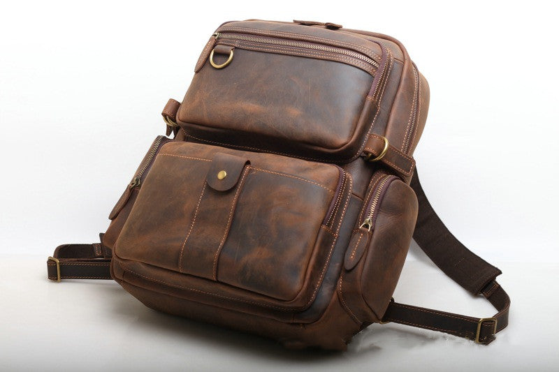 Retro Style Genuine Leather Backpack for Men with Computer Compartment woyaza