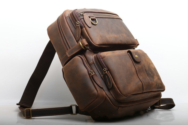 High Capacity Vintage Leather Backpack for Men with Laptop Sleeve woyaza