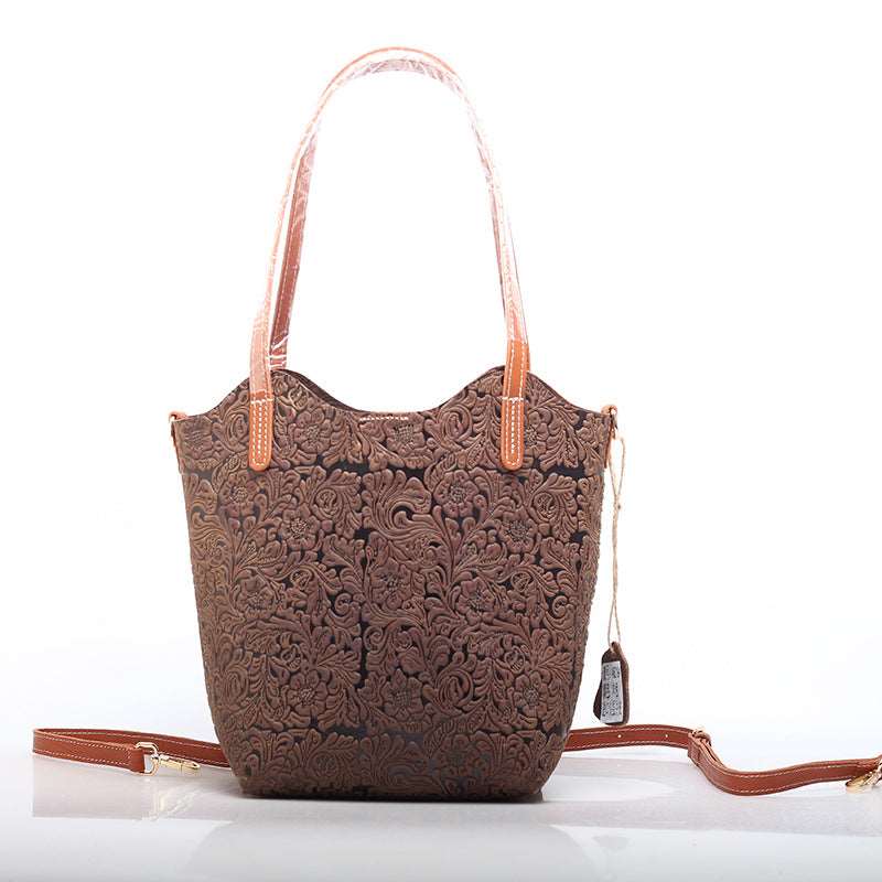 Premium Leather Tote Purse with Embossed Floral Detail woyaza