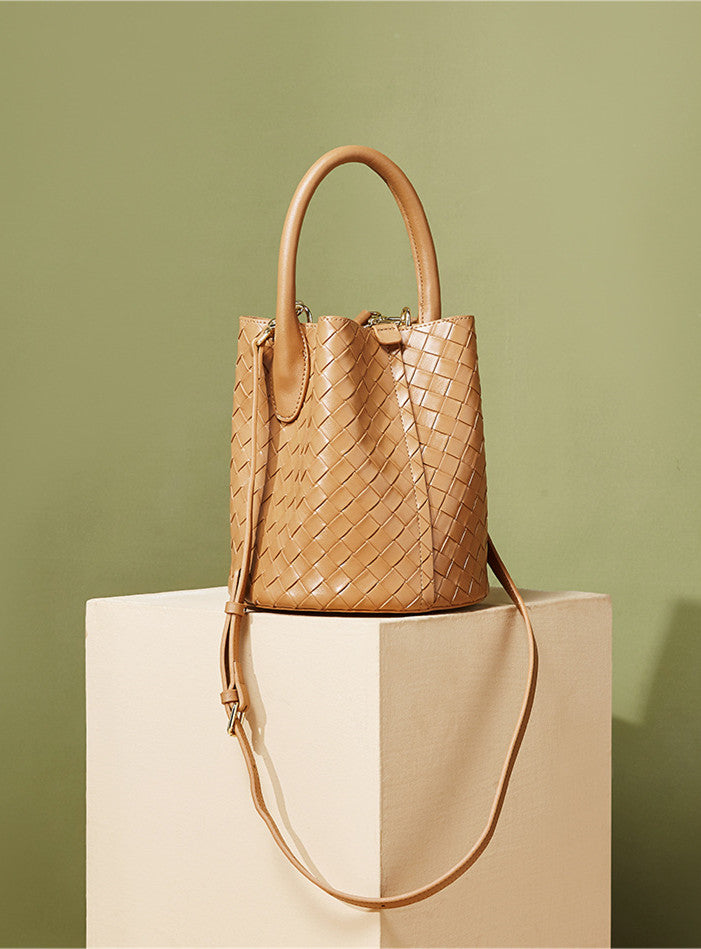 Woven Leather Bucket Handbag with Inner Pouch