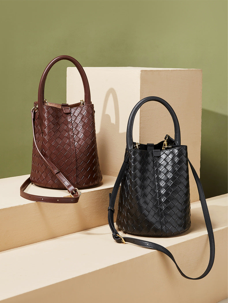 Woven Leather Bucket Purse for Women with Hand Strap