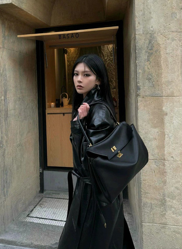 Black Leather Tote Bag with Soft Leather and Multiple Carrying Options