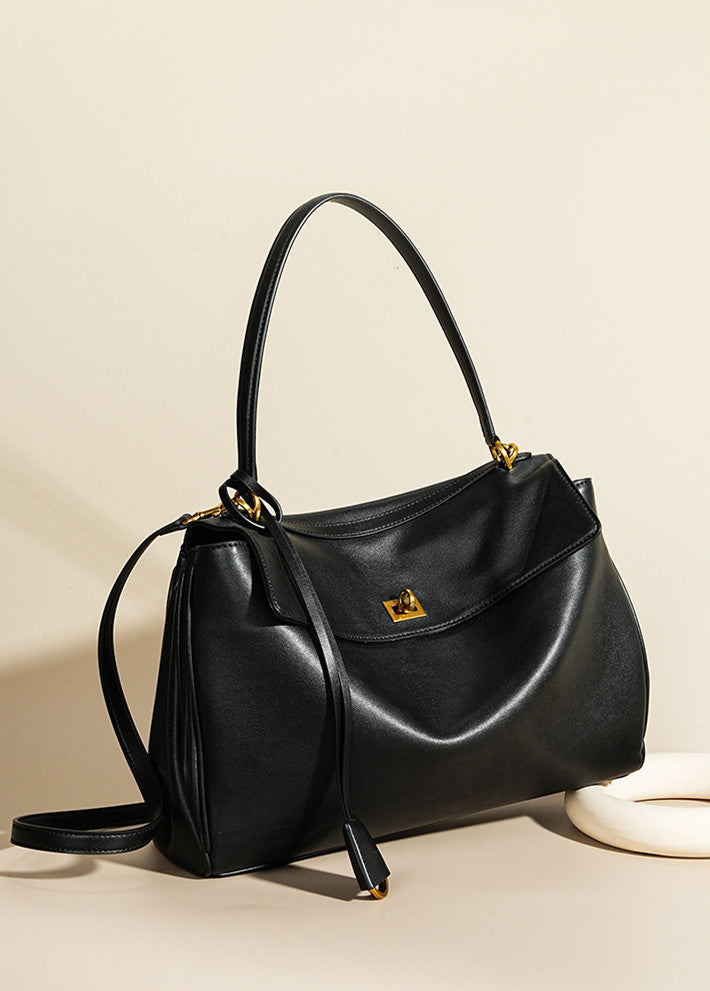 Women’s Black Leather Shoulder Bag with Soft Texture and Large Capacity