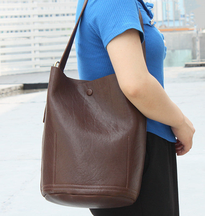 Vintage Leather Bucket Bag Women Woyaza