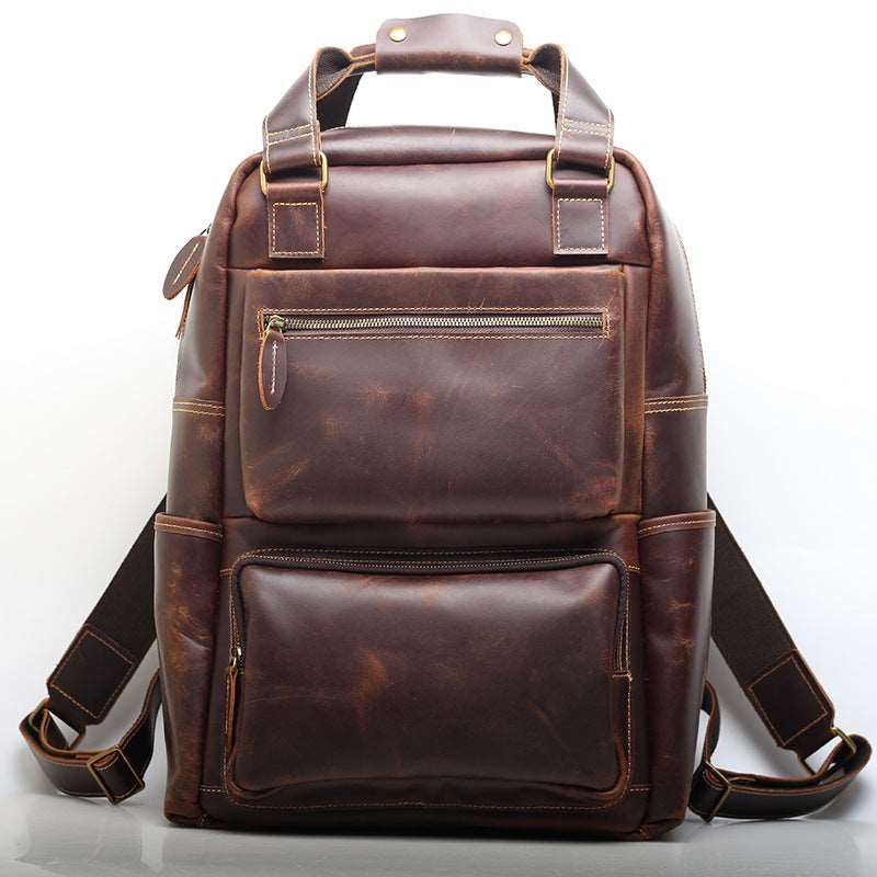 Men's Retro Laptop Backpack High Capacity Leather College Bag Woyaza