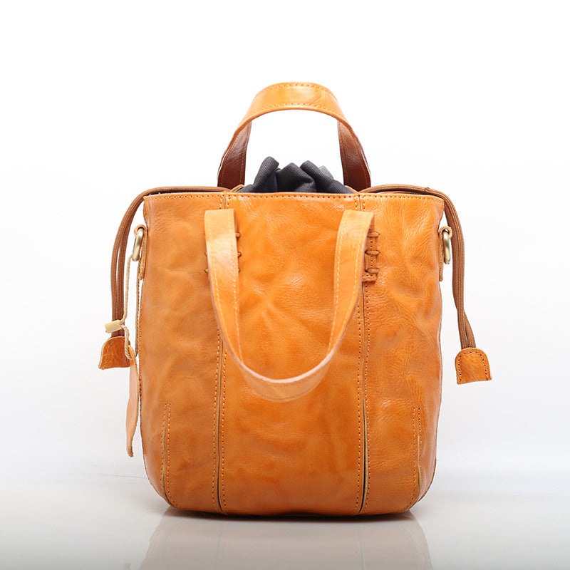 Elegant Leather Drawstring Bucket Handbag Chic Woyaza
