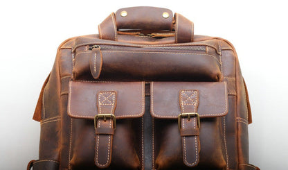 Vintage Leather Backpack with Multiple Pockets and Laptop Compartment woyaza