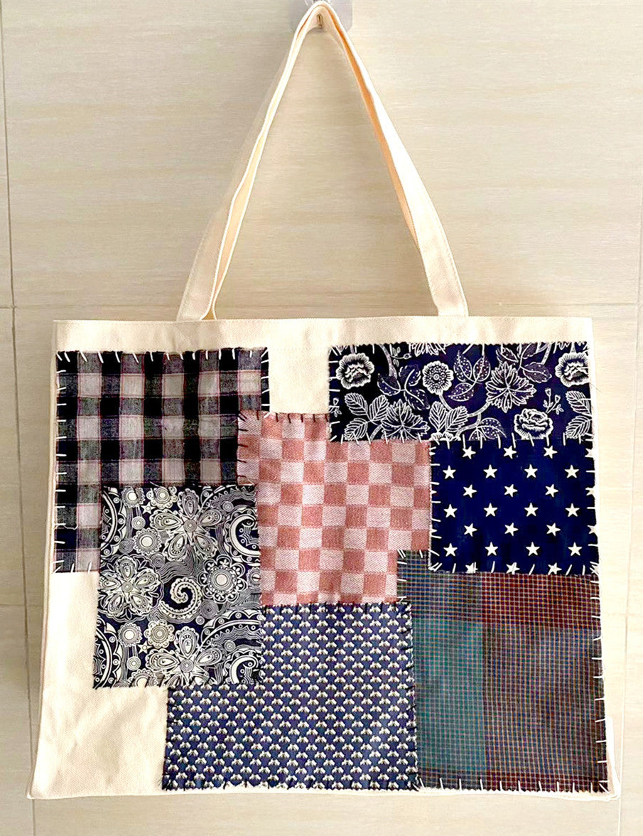 Handmade Large Capacity Patchwork Canvas Tote Bag with Durable Design