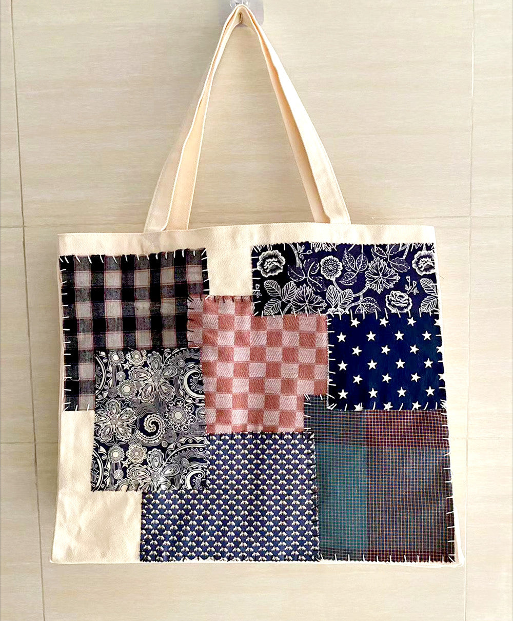 Durable Handmade Fabric Tote Bag with Hand-Sewn Patchwork Pattern