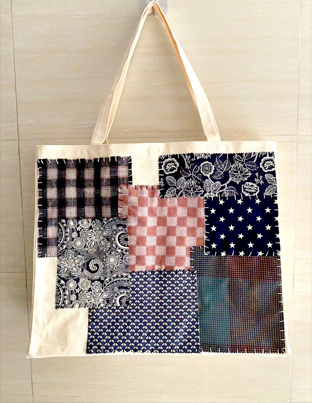 Custom Hand-Sewn Patchwork Tote Bag for Daily Use