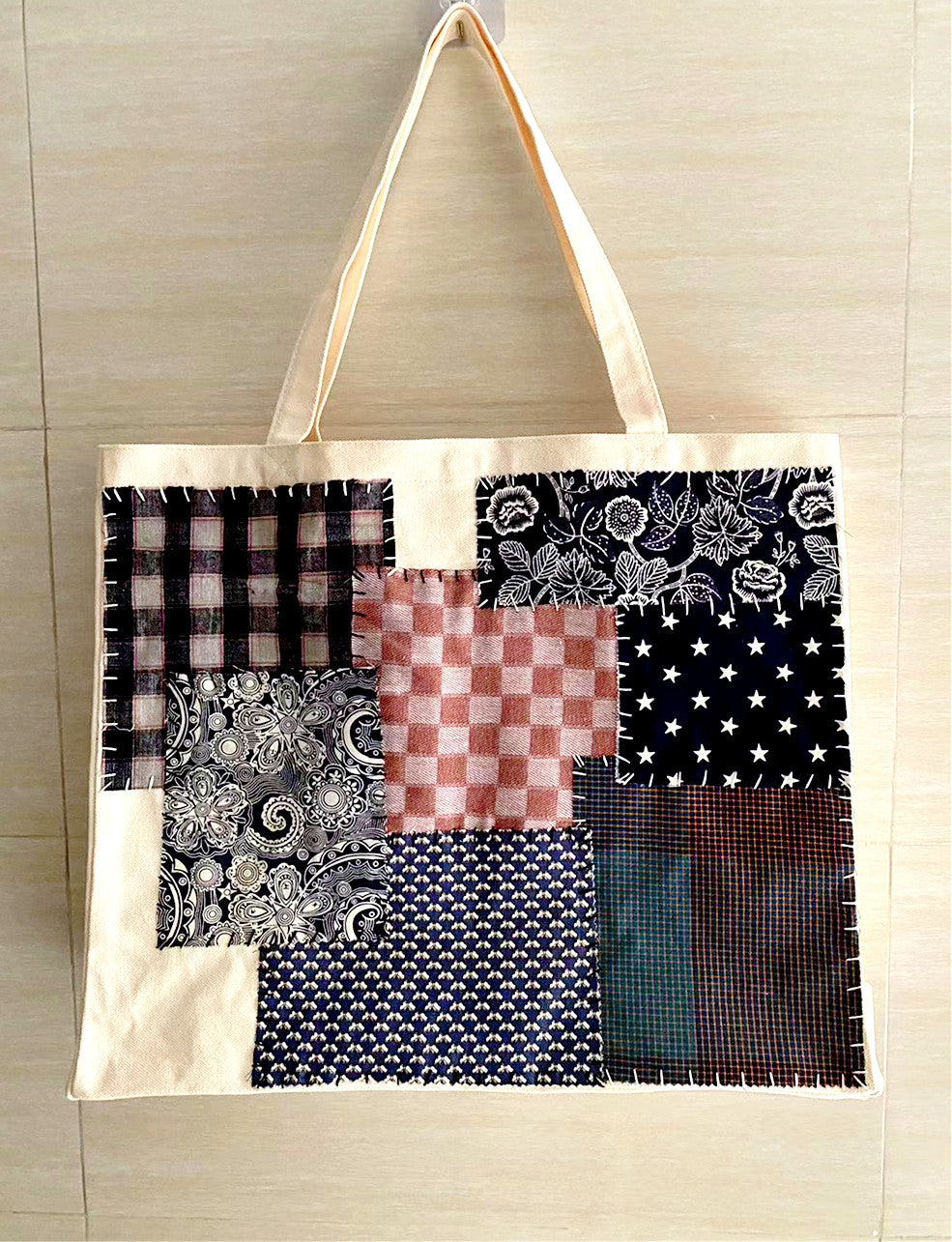 Handmade Canvas Shoulder Bag with Sturdy Fabric and Patchwork Design