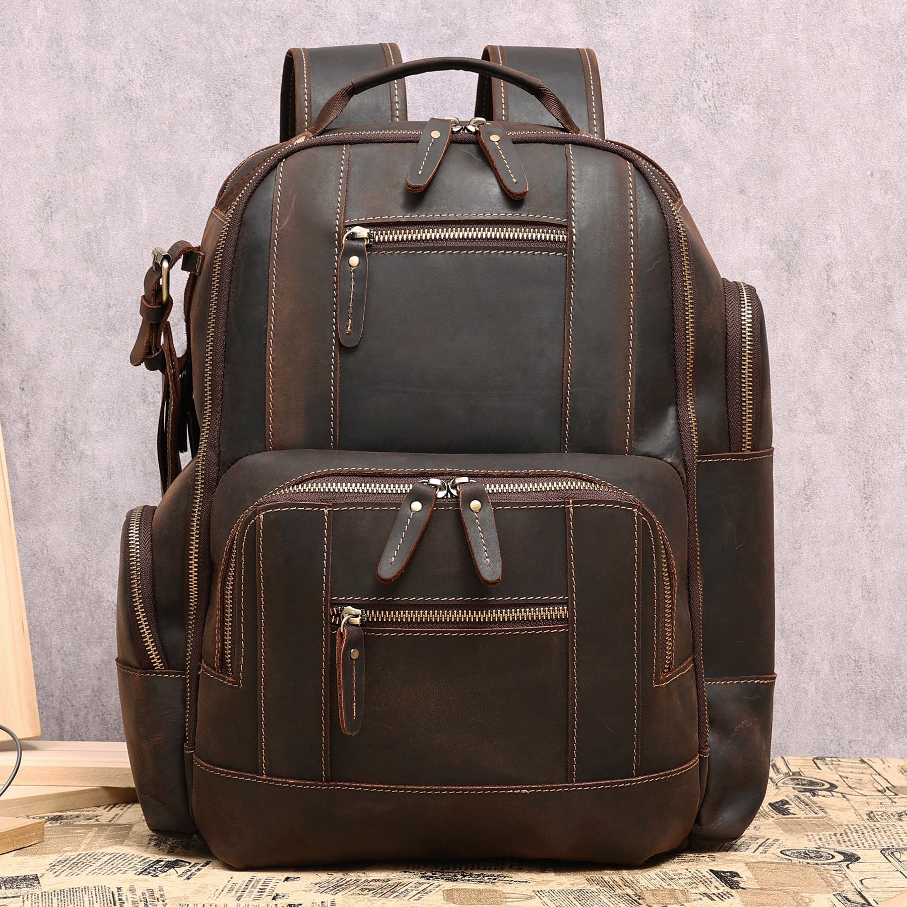 Classic Vintage Leather Rucksack for Men with Multiple Pockets woyaza