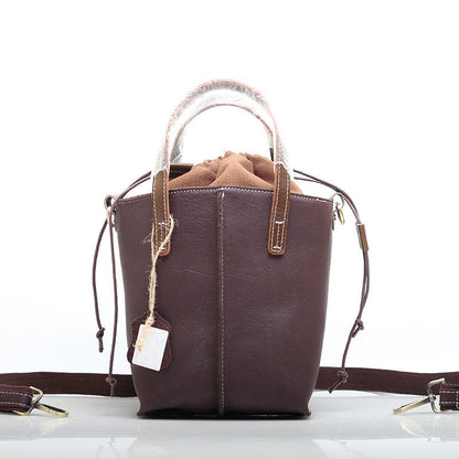 Deluxe Genuine Leather Bucket Handbag Drawstring Closure Woyaza