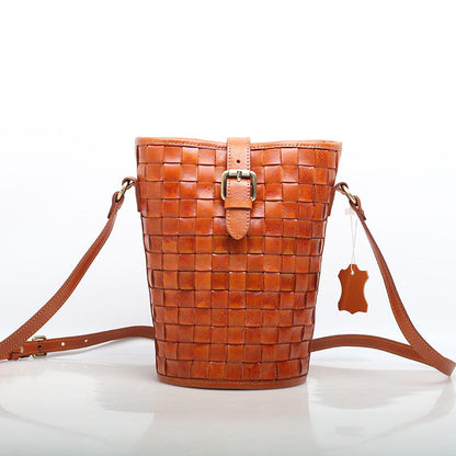 Genuine Leather Retro Drawstring Bucket Bag Woyaza