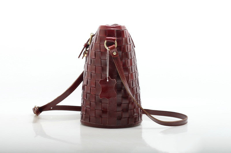 Handwoven Leather Bucket Crossbody Bag Woyaza