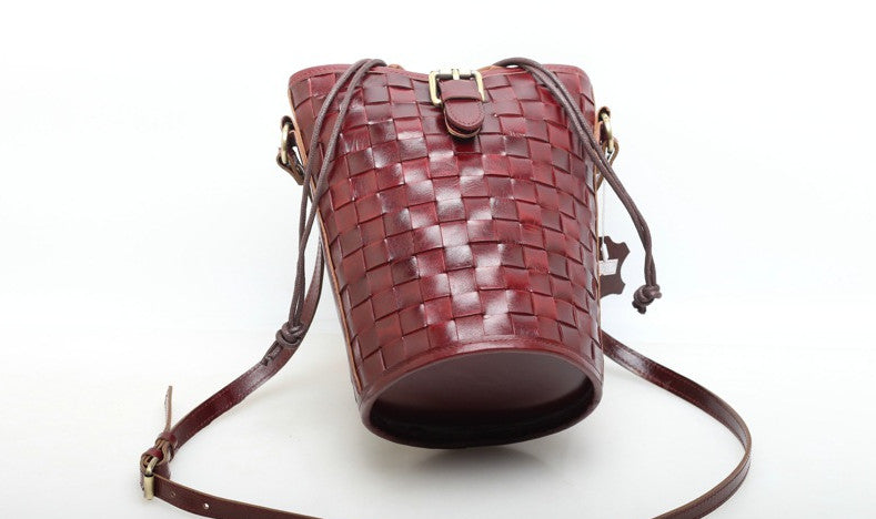 Genuine Leather Woven Bucket Purse Woyaza