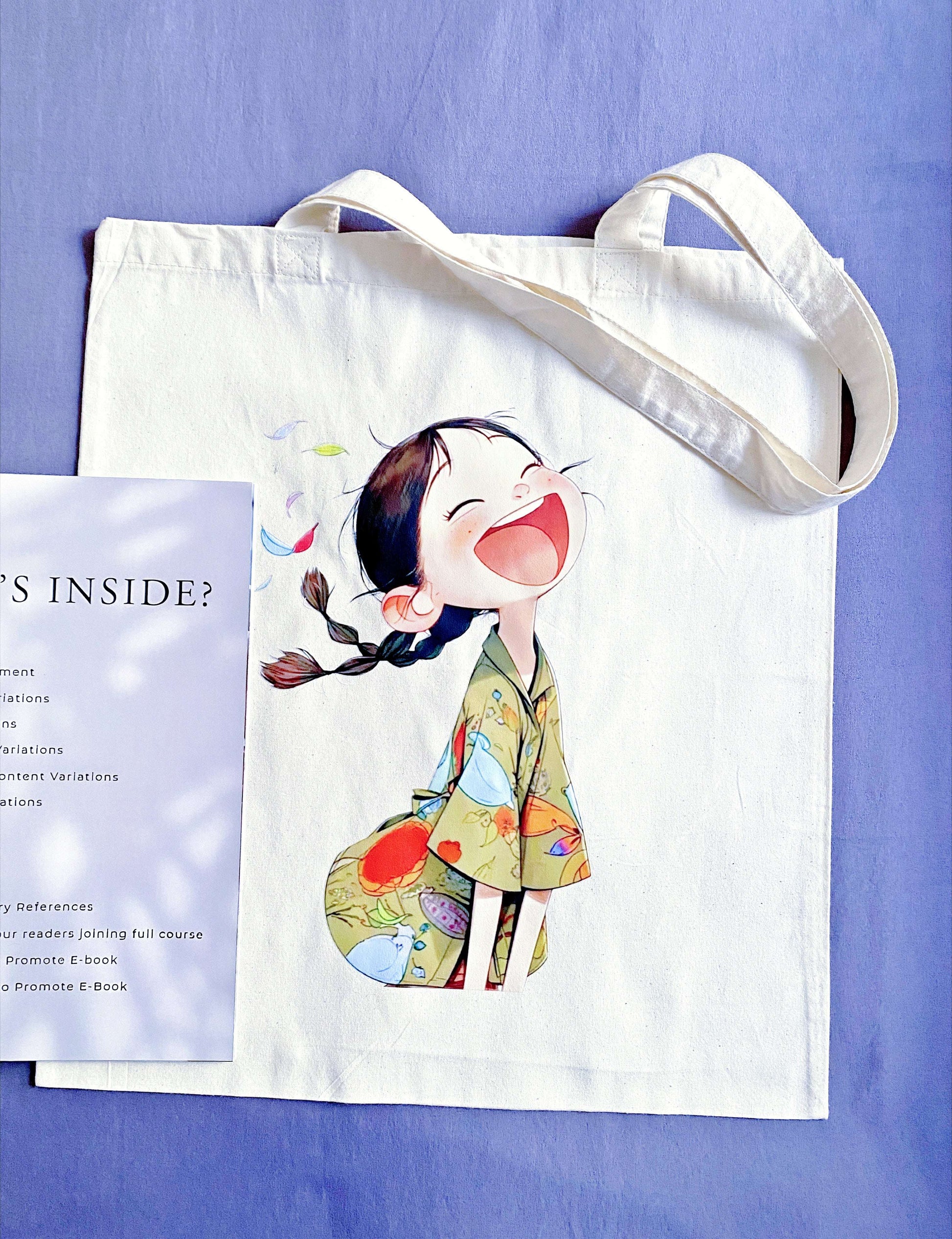 This cotton tote bag featuring a hand-printed 'happy girl laughing' pattern is the perfect mix of fun and eco-consciousness, a great gift for any occasion.